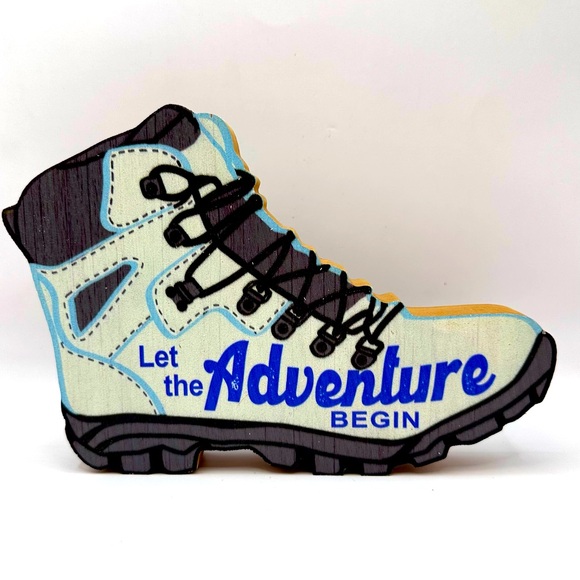 Hiking Boot Wooden Sing Plague “Let The Adventure To Begin” 8.5” x 6” Camping - Picture 1 of 3